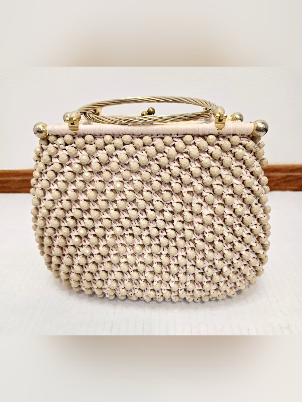 Vintage Barbara Lee Italy Beaded Raffia Handbag Woven Top Handle Purse Made in I